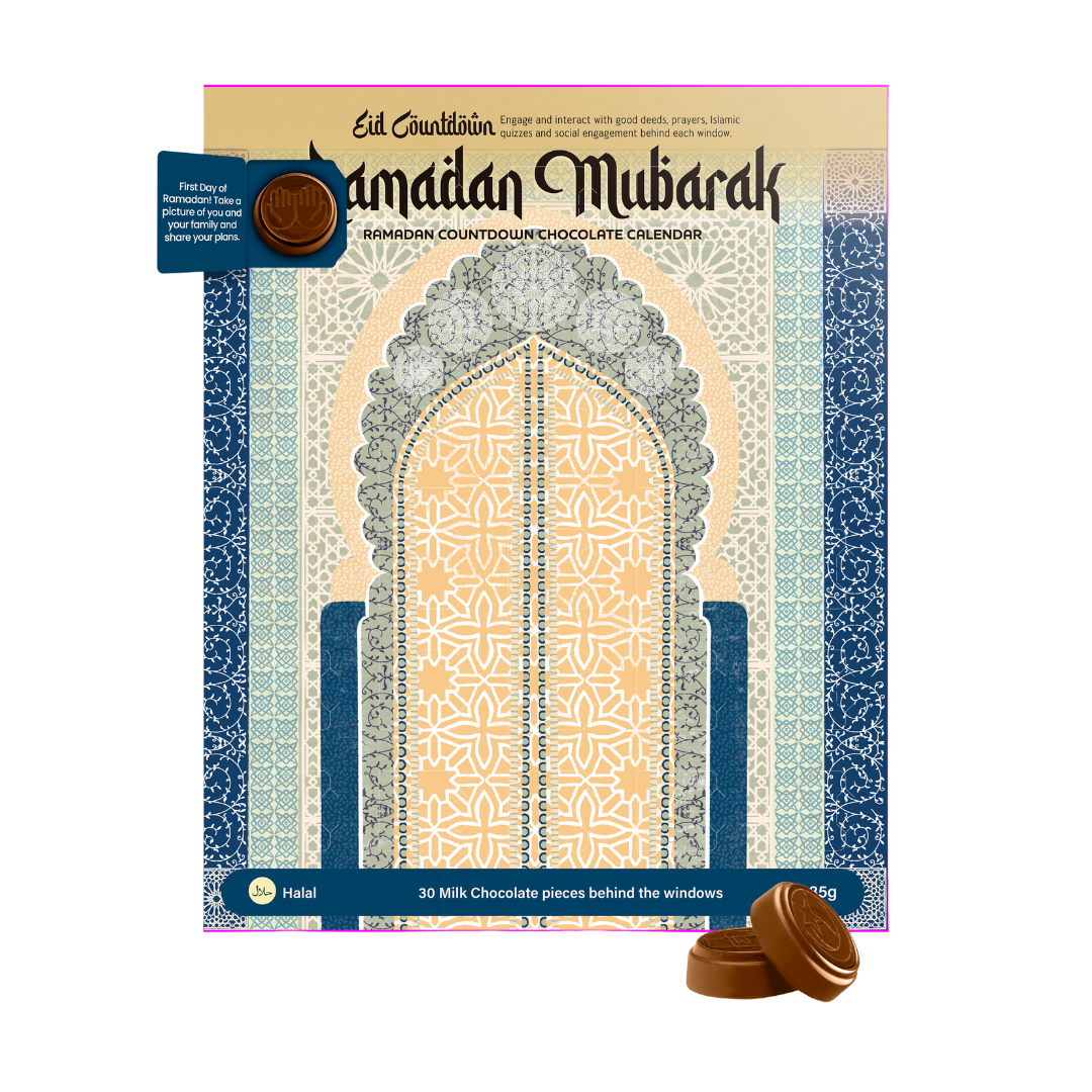 Chocolate calendar packaging with decorative design and text on a white background
