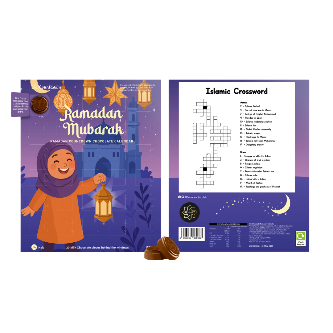 Chocolate calendar packaging with Ramadan Mubarak design and Islamic crossword puzzle on a white background