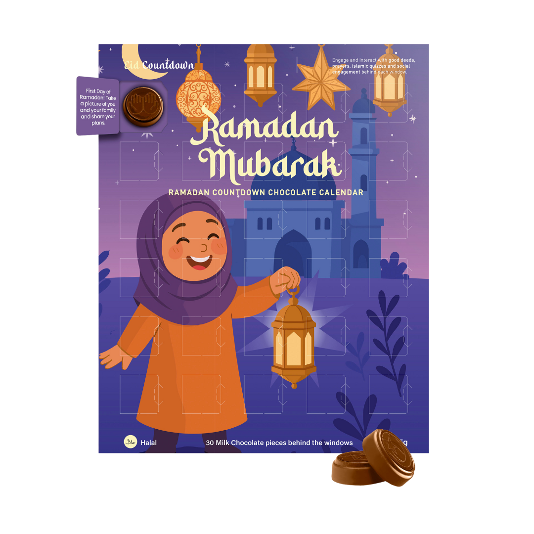 Ramadan Mubarak chocolate calendar with a child holding a lantern on a purple background