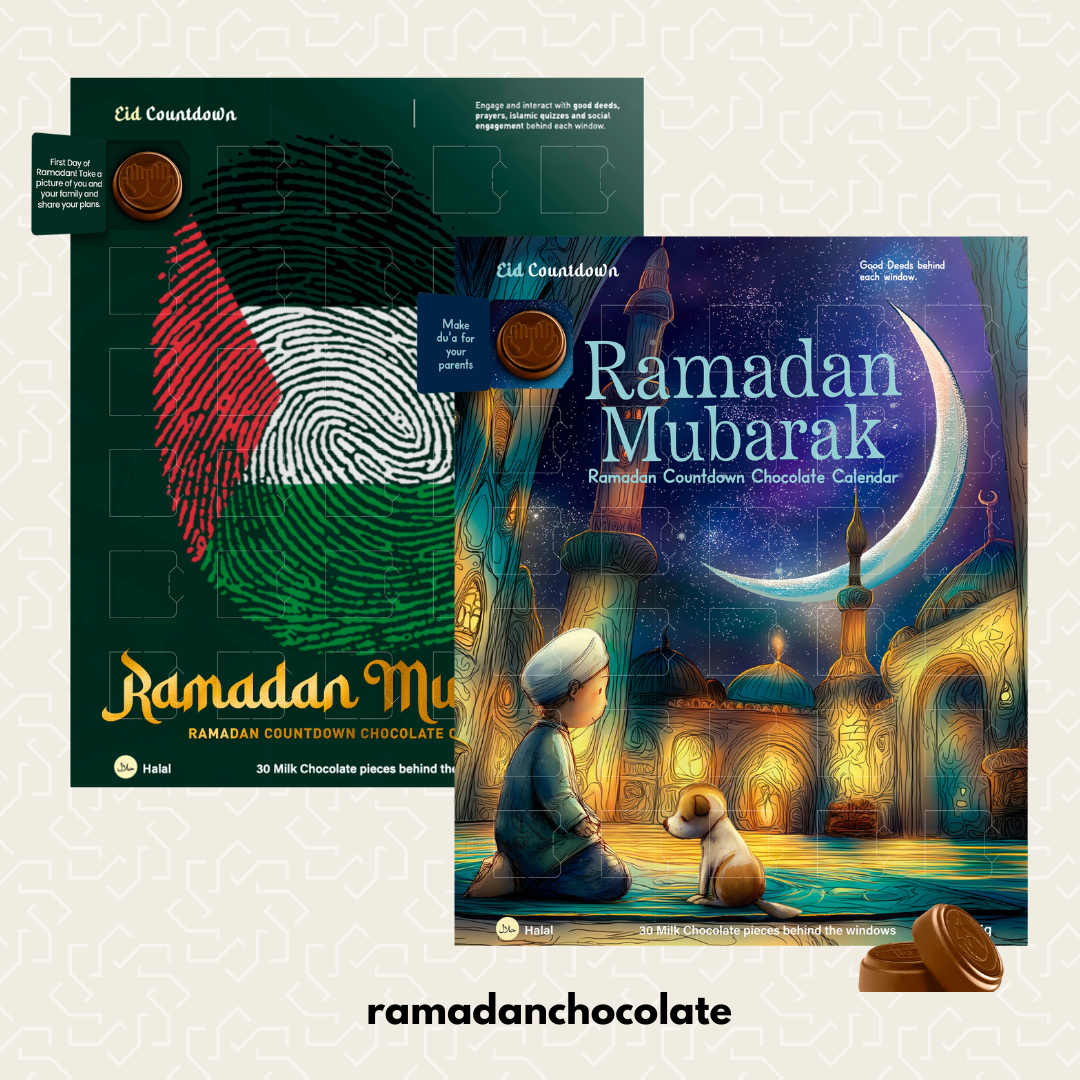 Two Ramadan-themed chocolate calendars with colorful designs and text on a light gray background. Palestine and Boy Dog moon