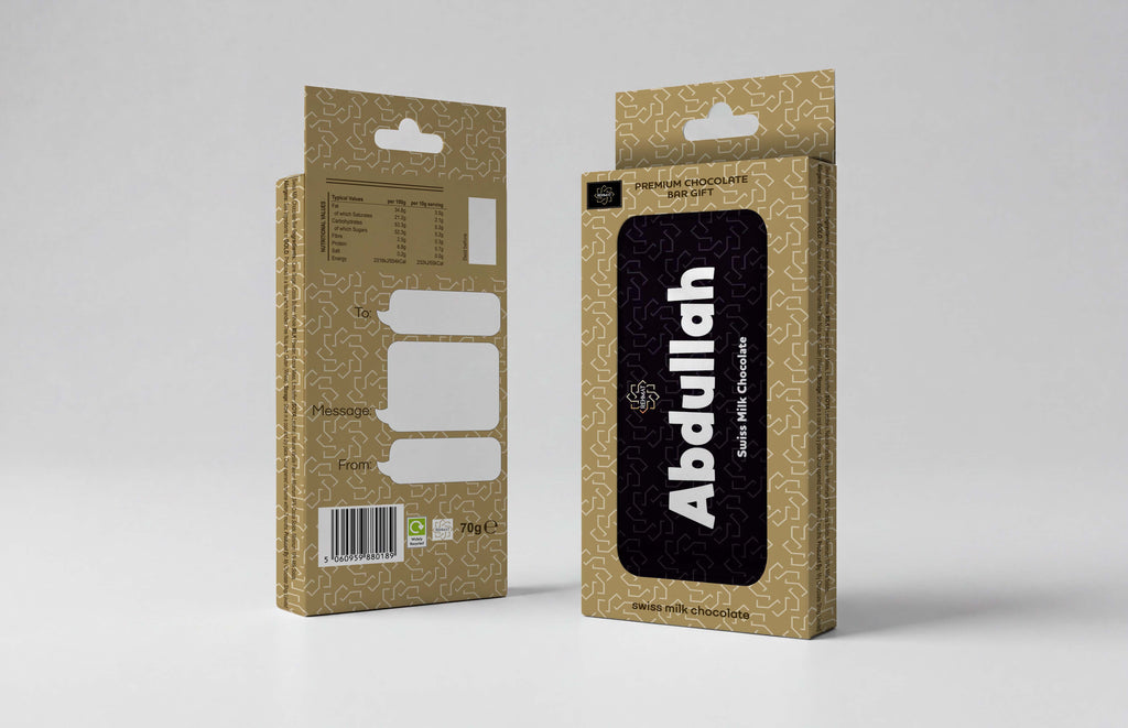 Two views of a rectangular cardboard product box on a light gray studio background. The front view shows a black central label with the brand name 'Abdullah' in large white letters, and the back view shows cutouts, a barcode, and product details.