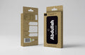 Two views of a rectangular cardboard product box on a light gray studio background. The front view shows a black central label with the brand name 'Abdullah' in large white letters, and the back view shows cutouts, a barcode, and product details.