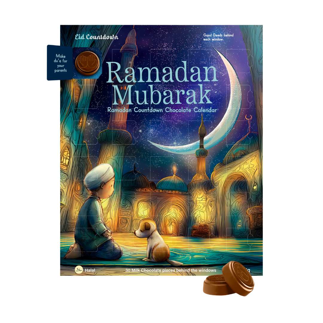 Ramadan Mubarak chocolate calendar with a child and dog in front of a mosque illustration.