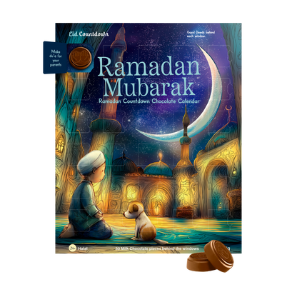 Ramadan Mubarak chocolate calendar with a child and dog in front of a mosque illustration.