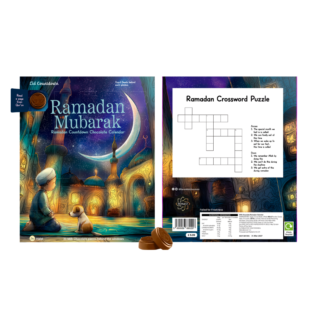 Ramadan-themed product packaging with a child and crescent moon design, featuring a crossword puzzle on the back.