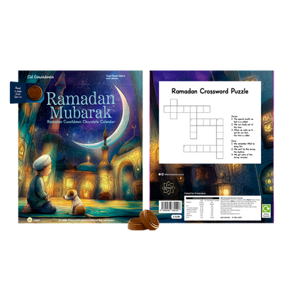 Ramadan-themed product packaging with a child and crescent moon design, featuring a crossword puzzle on the back.