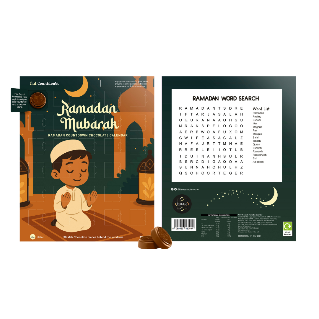 Chocolate calendar packaging with a child praying illustration and Ramadan Mubarak text.