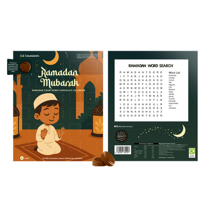 Chocolate calendar packaging with a child praying illustration and Ramadan Mubarak text.