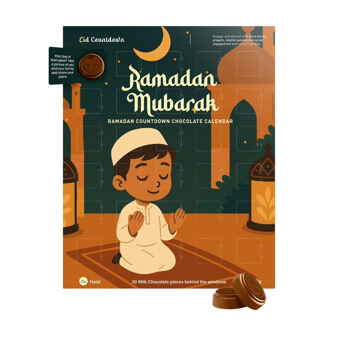 Ramadan Mubarak chocolate calendar with a child praying illustration on a white background