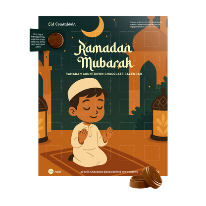Ramadan Mubarak chocolate calendar with a child praying illustration on a white background
