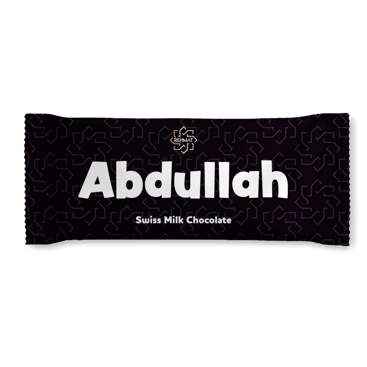 Chocolate bar with 'Abdullah' branding on a white background