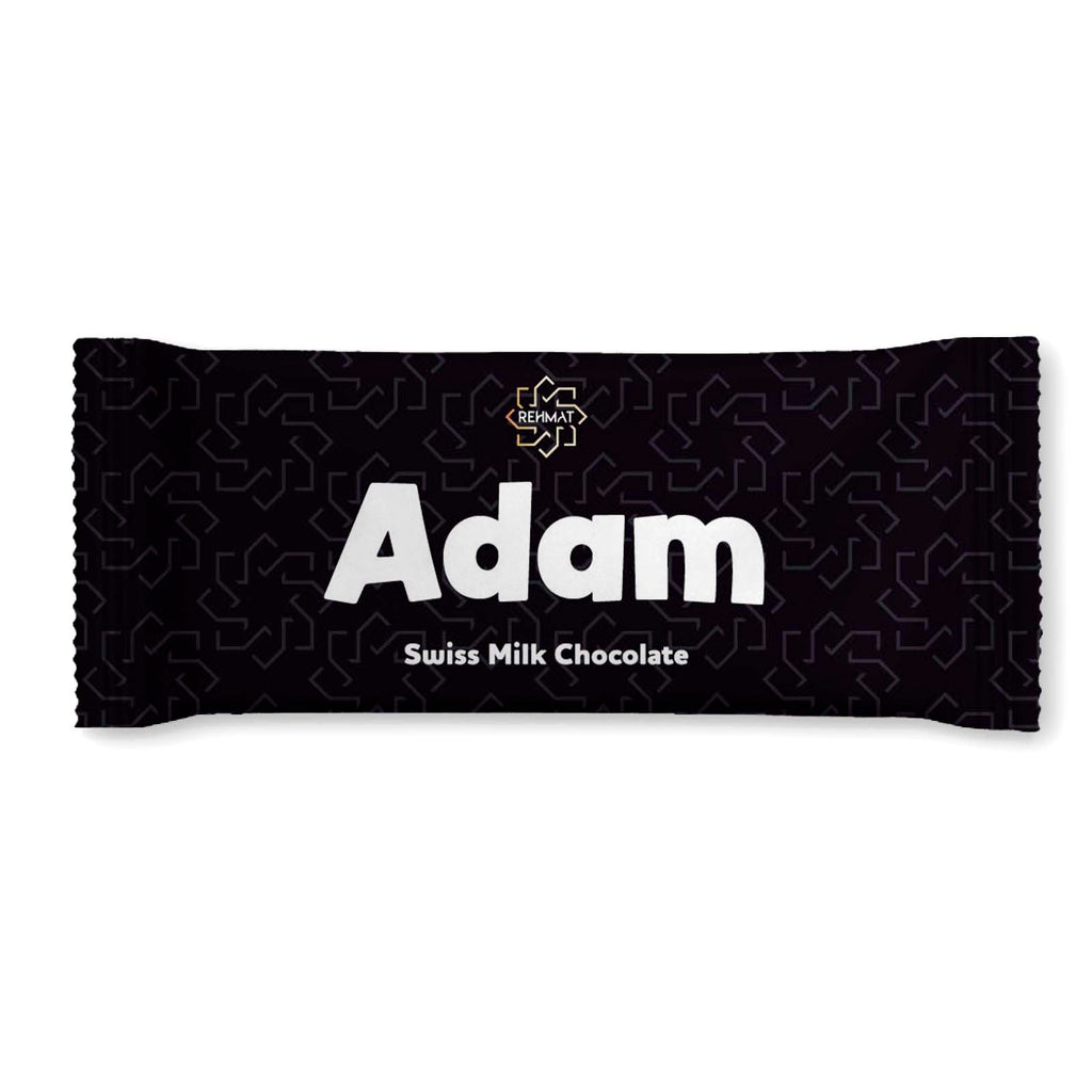 Chocolate bar with 'Adam' branding on a black background