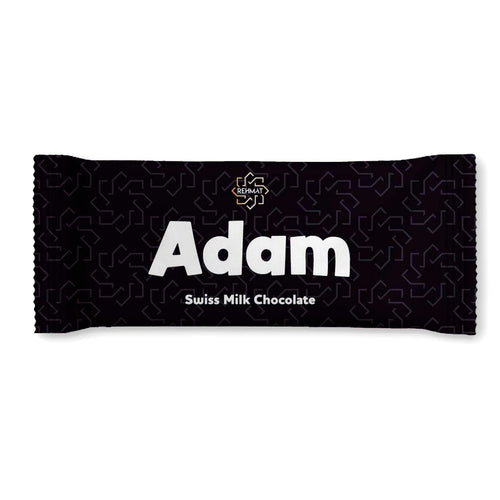 Chocolate bar with 'Adam' branding on a black background