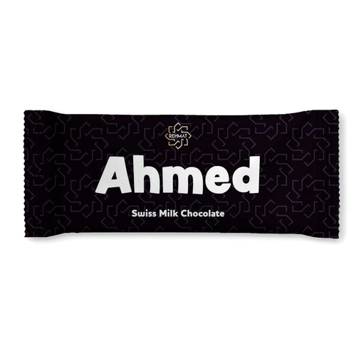 Chocolate bar packaging with 'Ahmed' branding on a white background