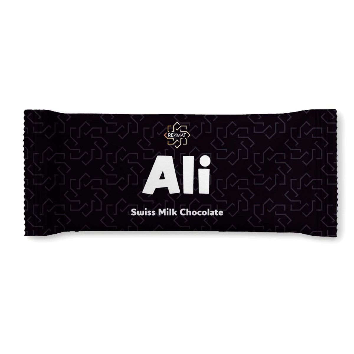 Black chocolate bar packaging with 'Ali' and 'Swiss Milk Chocolate' text on a white background