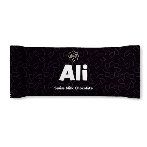 Black chocolate bar packaging with 'Ali' and 'Swiss Milk Chocolate' text on a white background