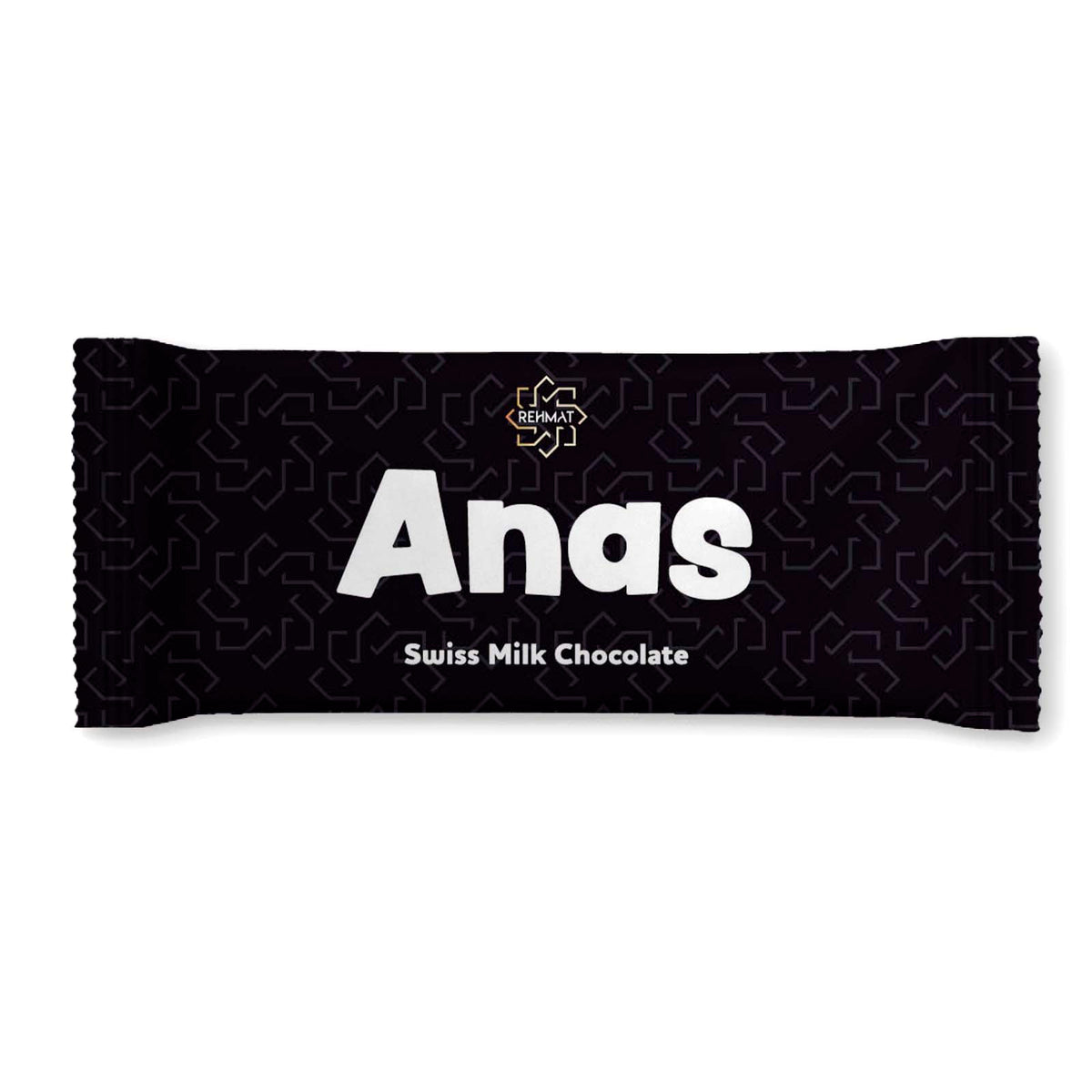 Black chocolate bar packaging with 'Anas' branding on a white background