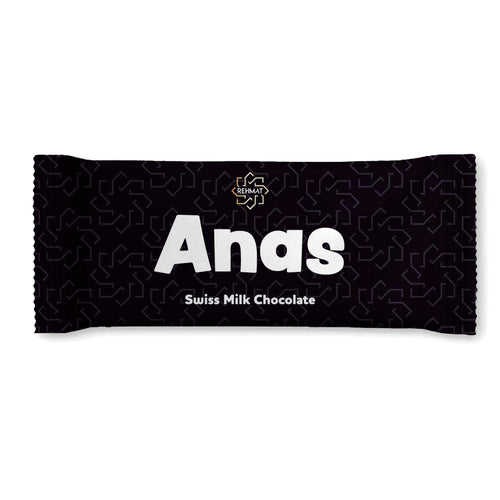 Black chocolate bar packaging with 'Anas' branding on a white background
