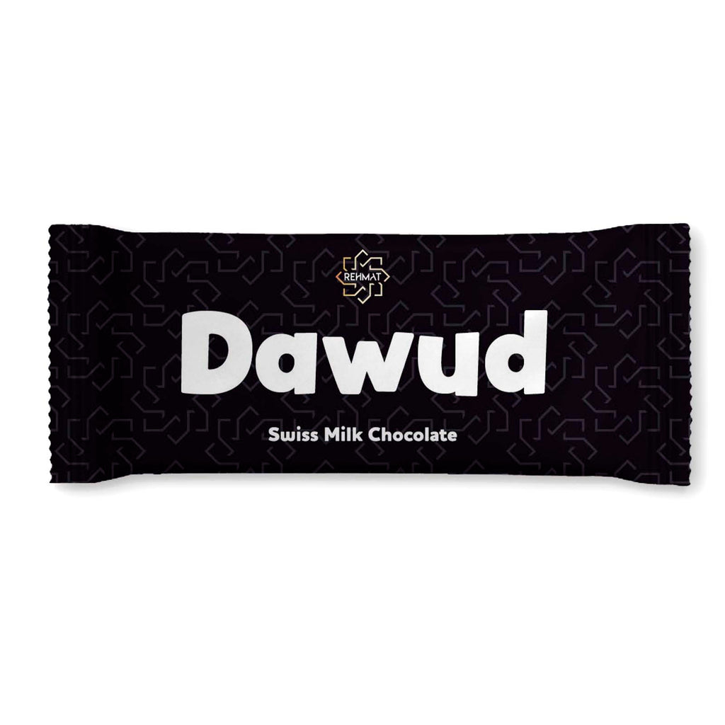 Chocolate bar with 'Dawud' branding on a white background