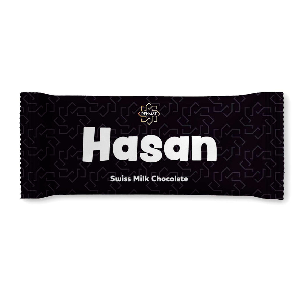 Black chocolate bar packaging with 'Hasan' branding on a white background