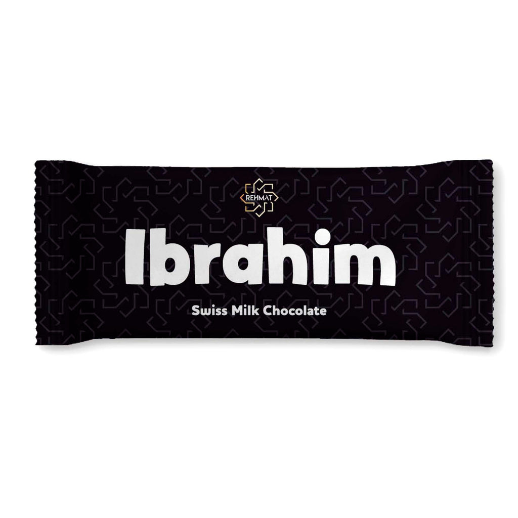Chocolate bar with 'Ibrahim' branding on a black background