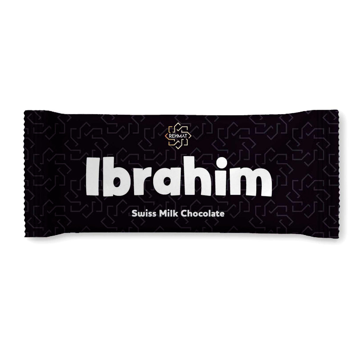 Chocolate bar with 'Ibrahim' branding on a black background