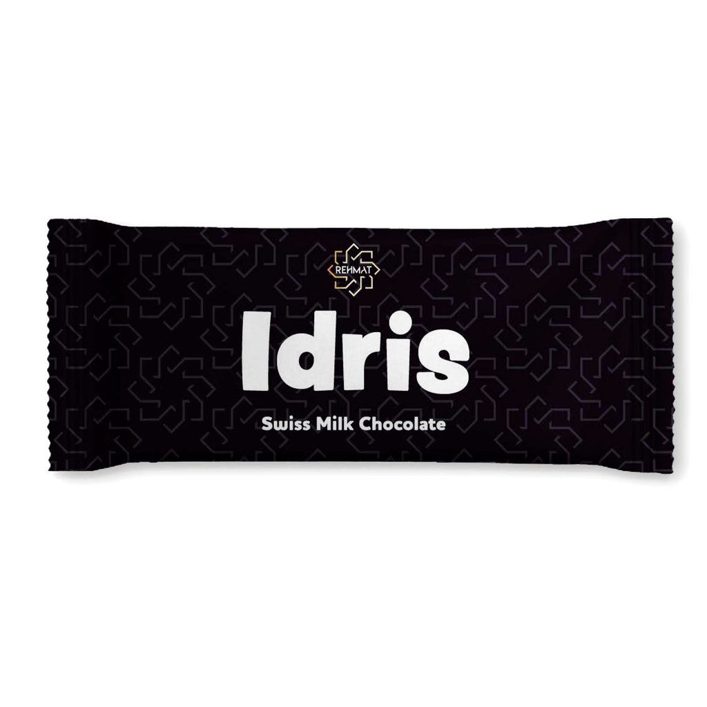 Chocolate bar with 'Idris' branding on a white background