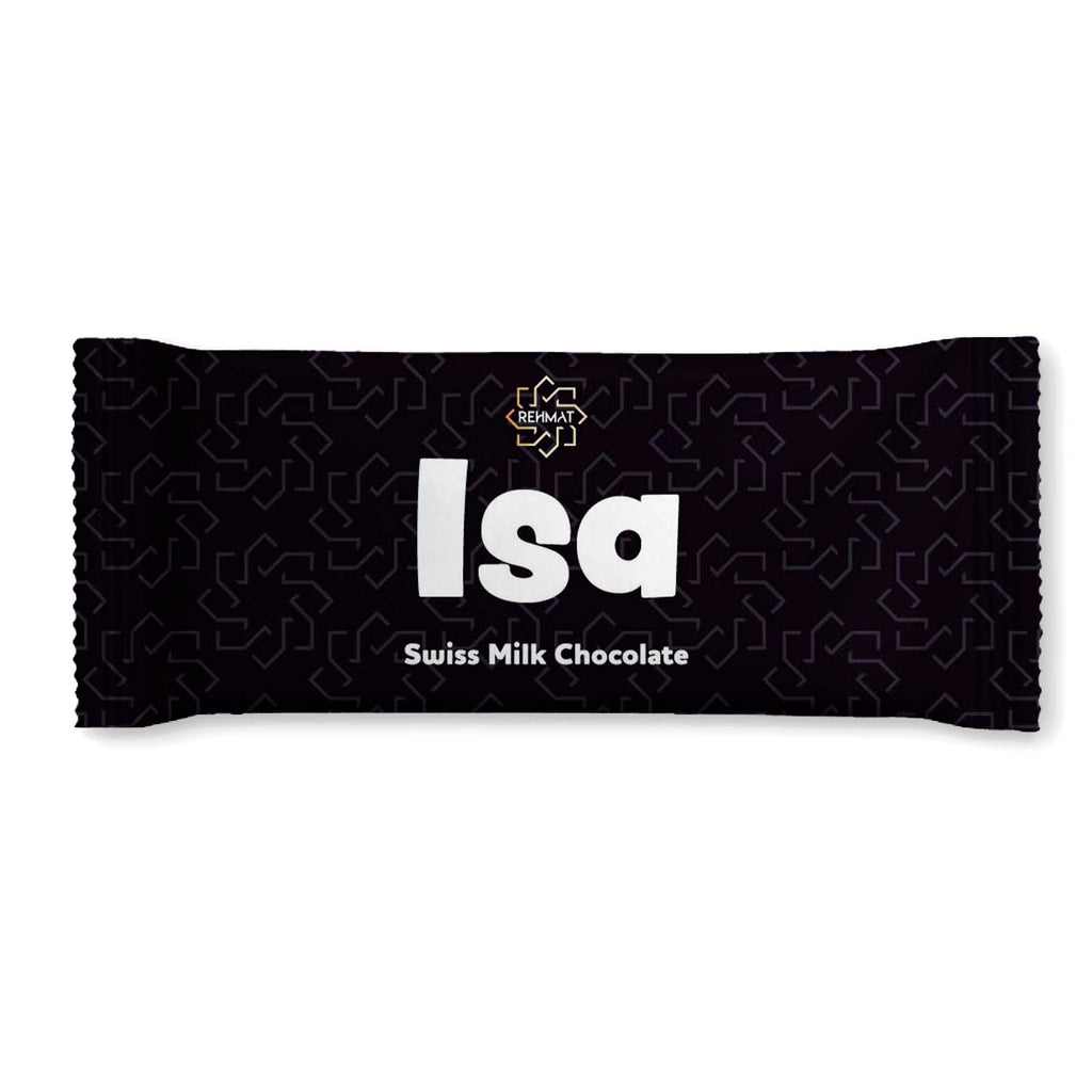 Black chocolate bar wrapper with 'Isa' branding on a white background