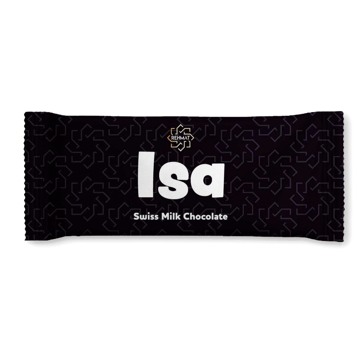 Black chocolate bar wrapper with 'Isa' branding on a white background