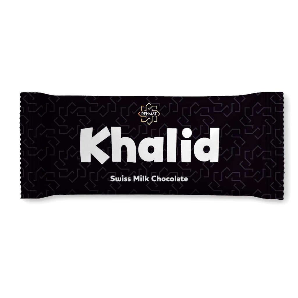 Chocolate bar with 'Khalid' branding on a white background