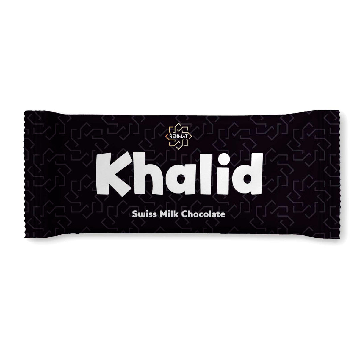 Chocolate bar with 'Khalid' branding on a white background