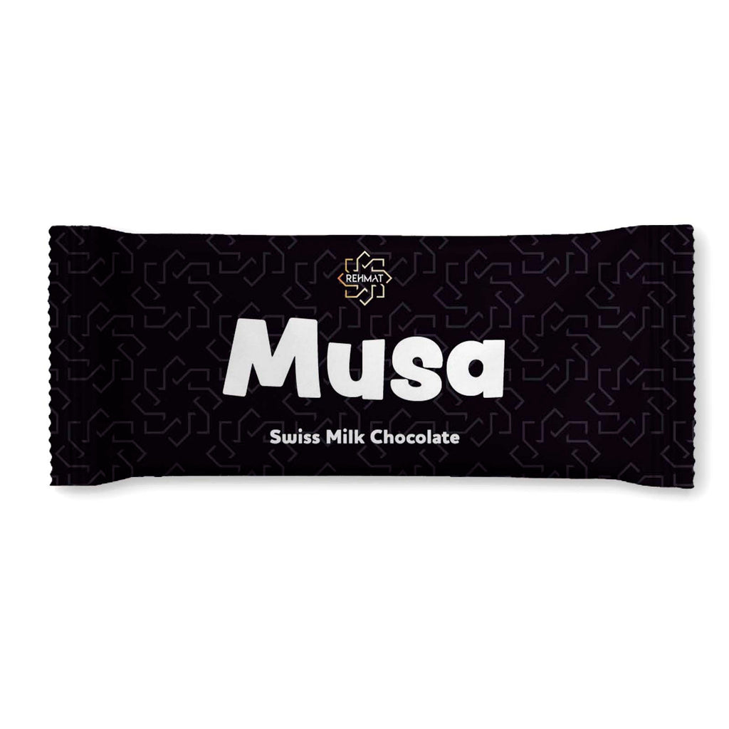 Musa Swiss Milk Chocolate bar packaging on a white background