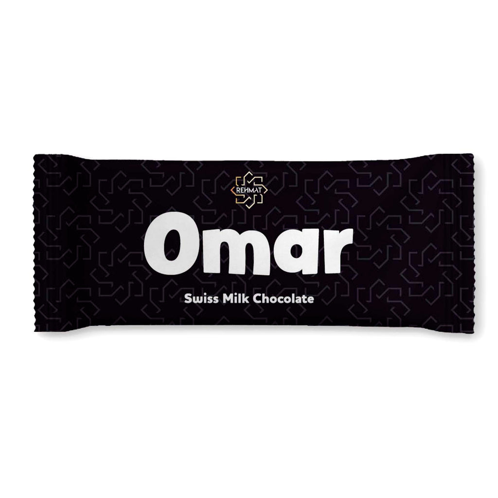 Omar Swiss Milk Chocolate bar packaging on a white background