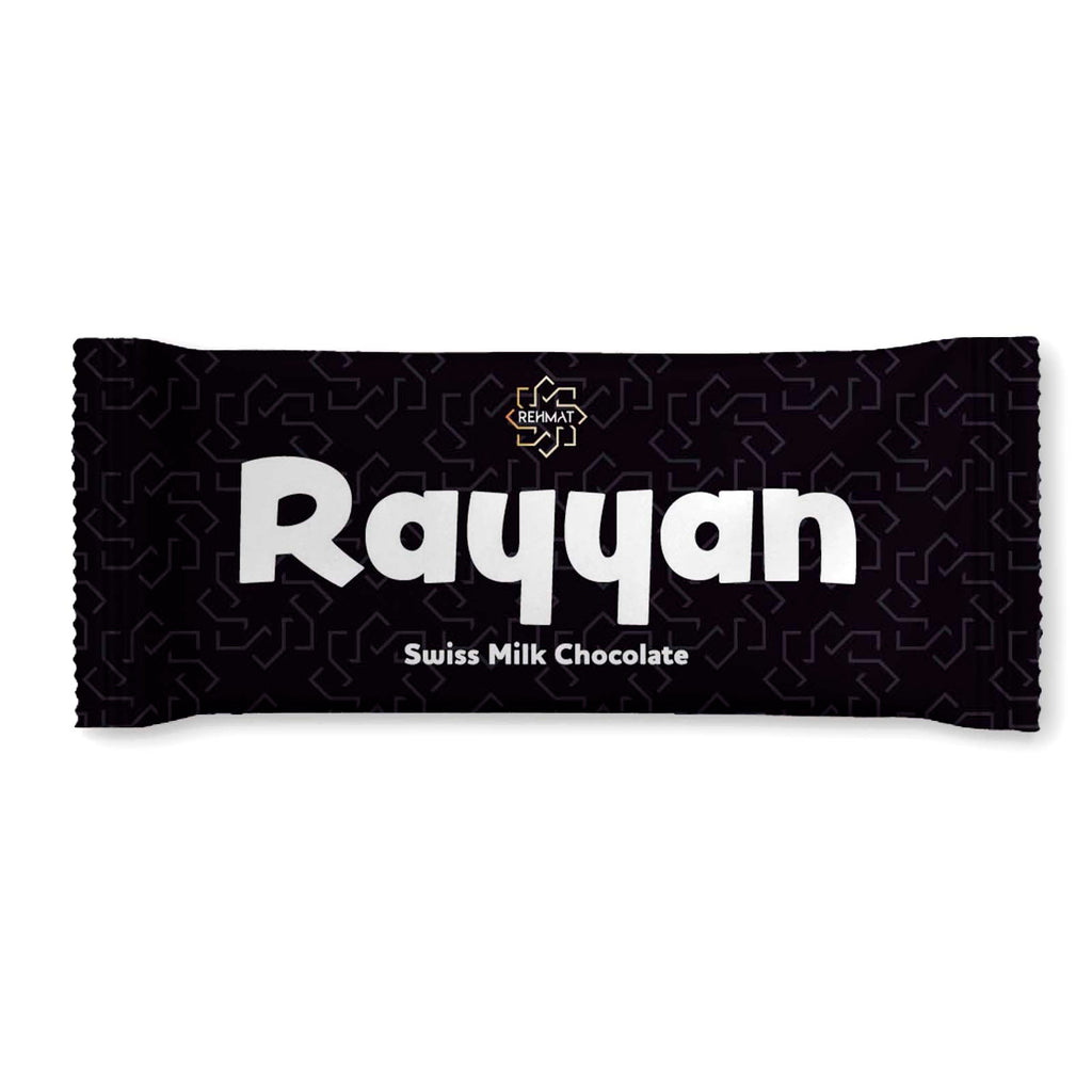 Black chocolate bar wrapper with 'Rayyan' branding on a white background