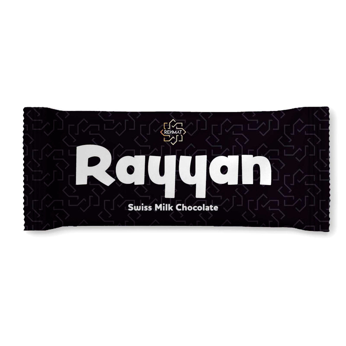 Black chocolate bar wrapper with 'Rayyan' branding on a white background