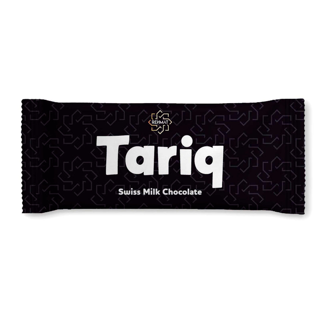Tariq Swiss Milk Chocolate bar packaging on a white background