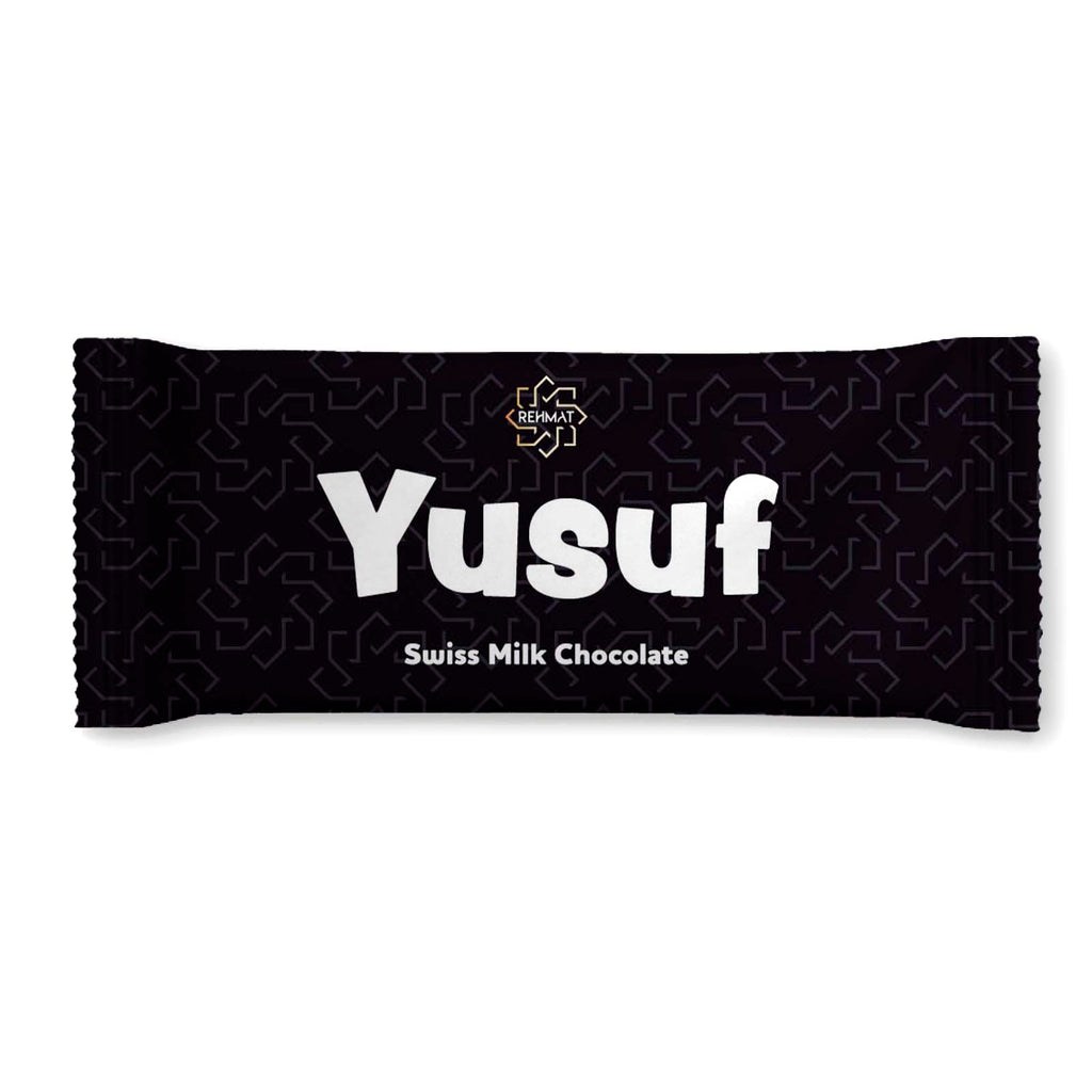 Chocolate bar with 'Yusuf' branding on a black background