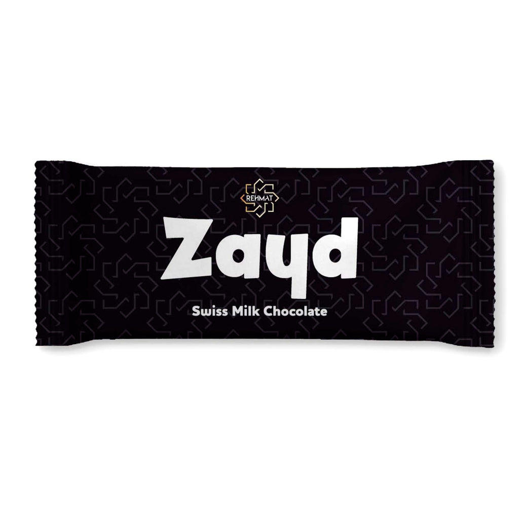 Zayd Swiss Milk Chocolate bar packaging on a white background