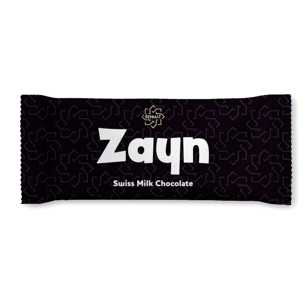 Zayn Swiss Milk Chocolate bar packaging on a white background