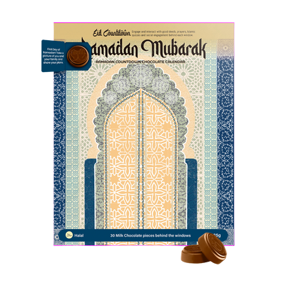Chocolate calendar packaging with decorative design and text on a white background