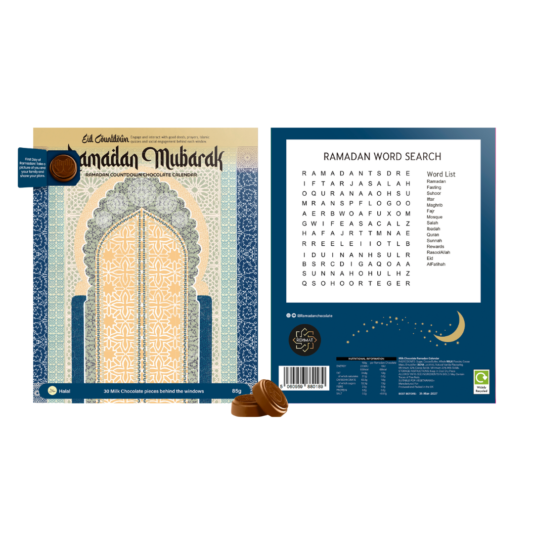 Chocolate packaging with Ramadan Mubarak text and word search on a white background
