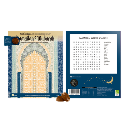 Chocolate packaging with Ramadan Mubarak text and word search on a white background