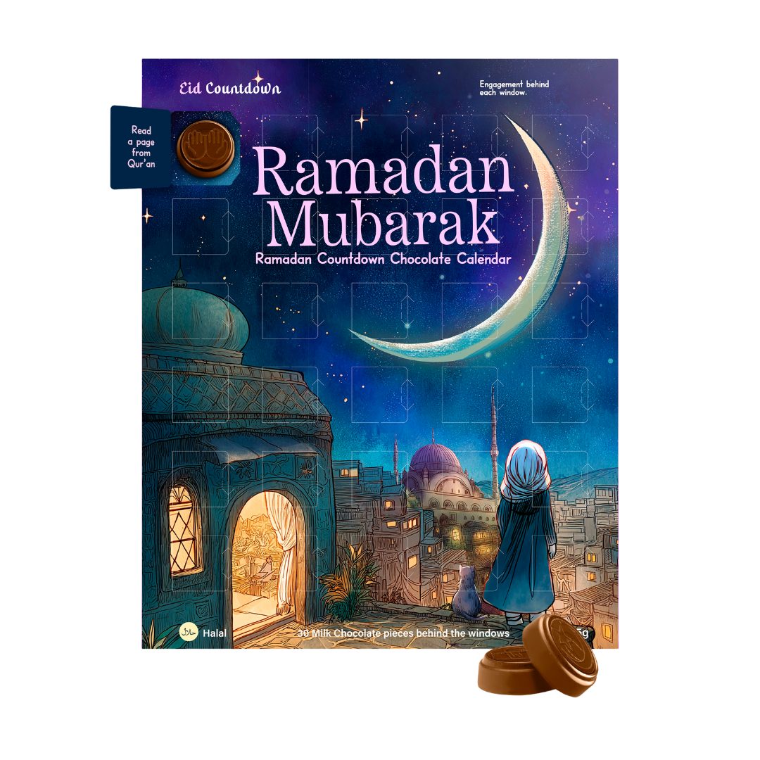 Ramadan Mubarak chocolate calendar with a blue and purple design featuring a mosque and crescent moon.