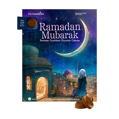 Ramadan Mubarak chocolate calendar with a blue and purple design featuring a mosque and crescent moon.