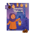 Ramadan Mubarak chocolate calendar with a child holding a lantern on a purple background