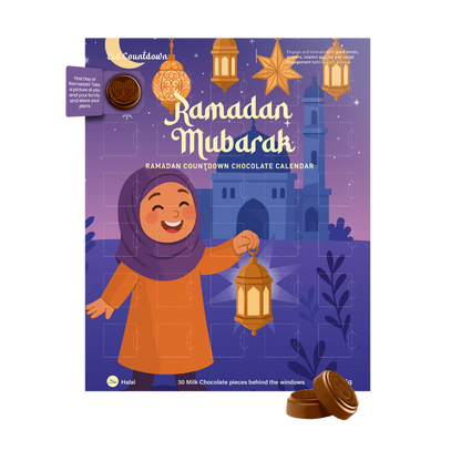 Ramadan Mubarak chocolate calendar with a child holding a lantern on a purple background