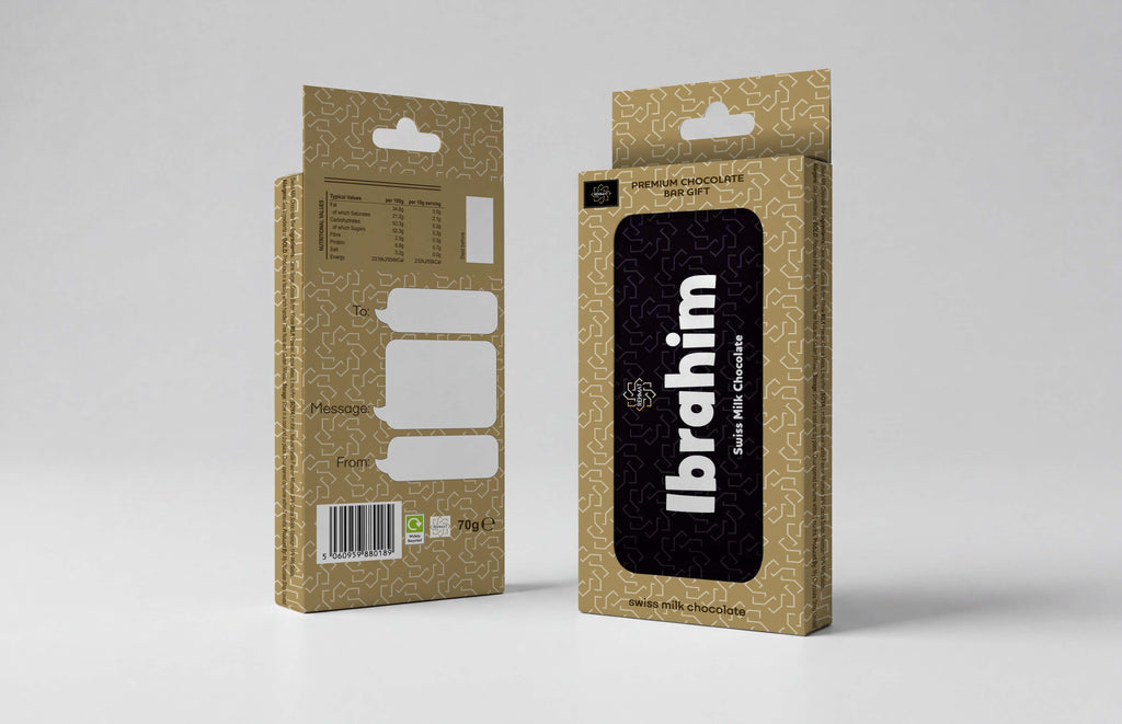Two views of a rectangular cardboard product box on a light gray studio background. The front view shows a black central panel with the word 'Ibrahim' in large white letters, and the back view shows cutout windows and a barcode.