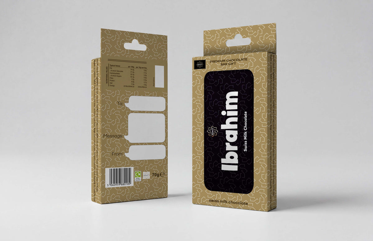 Two views of a rectangular cardboard product box on a light gray studio background. The front view shows a black central panel with the word 'Ibrahim' in large white letters, and the back view shows cutout windows and a barcode.