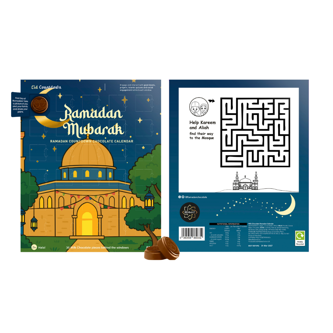 Chocolate calendar packaging with 'Ramadan Mubarak' text and a maze on a white background with Majid