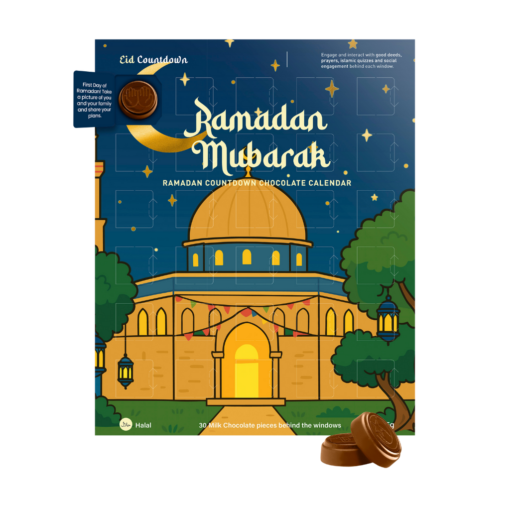 Ramadan Mubarak chocolate calendar with mosque illustration on a blue background
